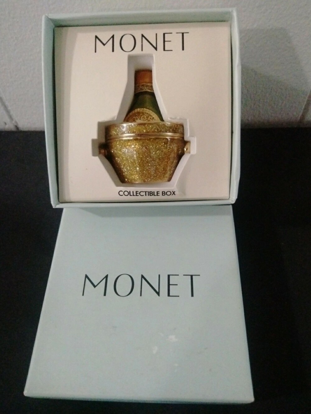 Vintage Art Deco MONET Enamel Glass Champagne bottle Collectable Trinket Box